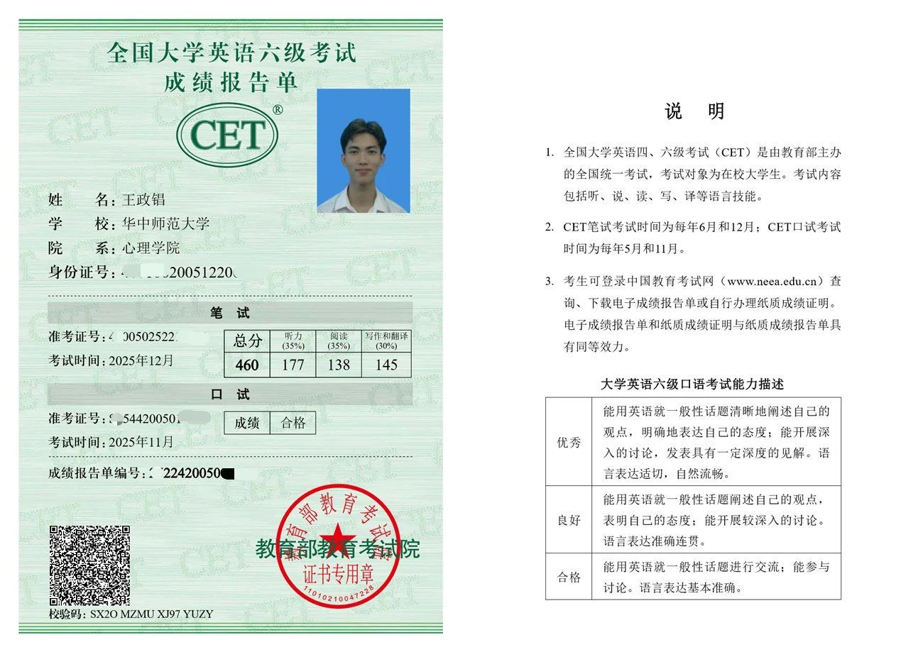 全国大学英语六级考试（CET-6）成绩报告单