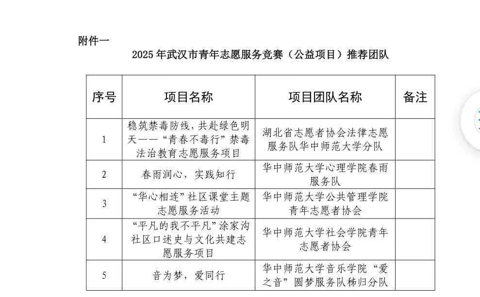 2025 年武汉市青年志愿服务竞赛（公益项目）推荐团队名单，春雨服务队入选