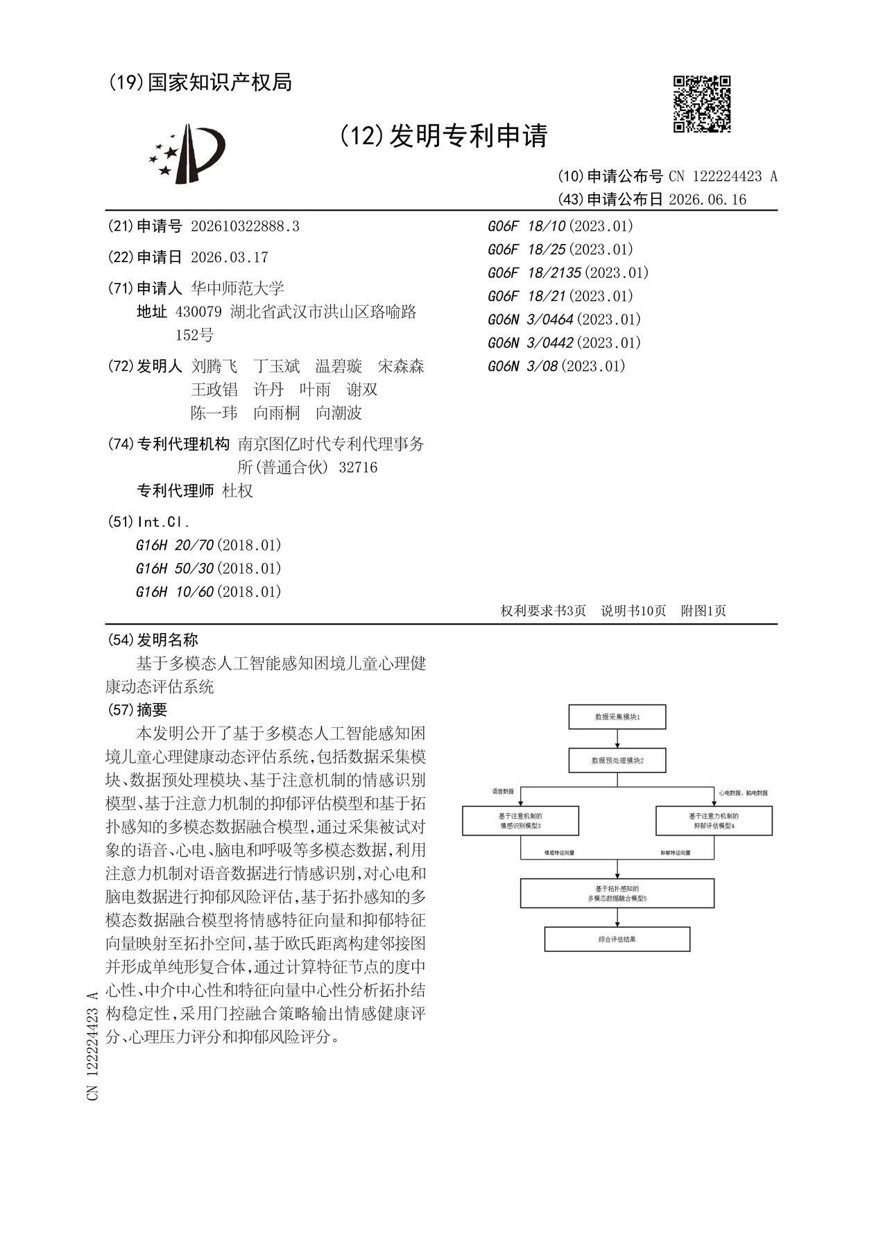 发明专利 · 基于多模态人工智能感知困境儿童心理健康动态评估系统
