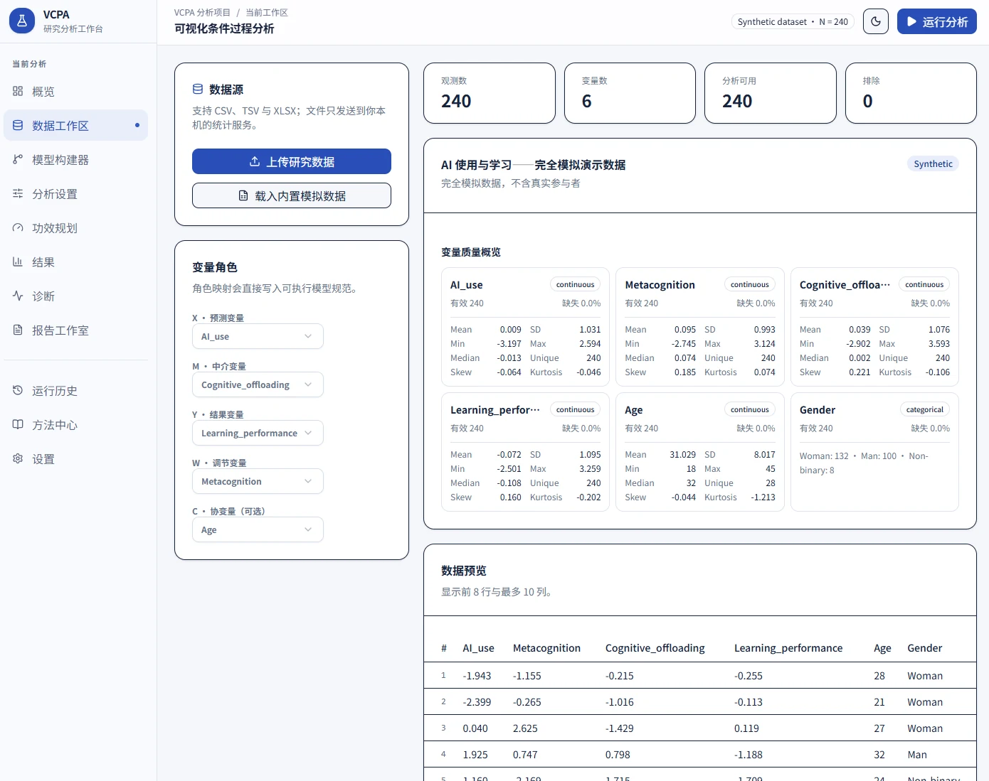 VCPA · 数据工作区界面
